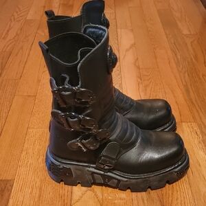 New Rock Black Moto Boots with Skull Buckle Detail Size 39